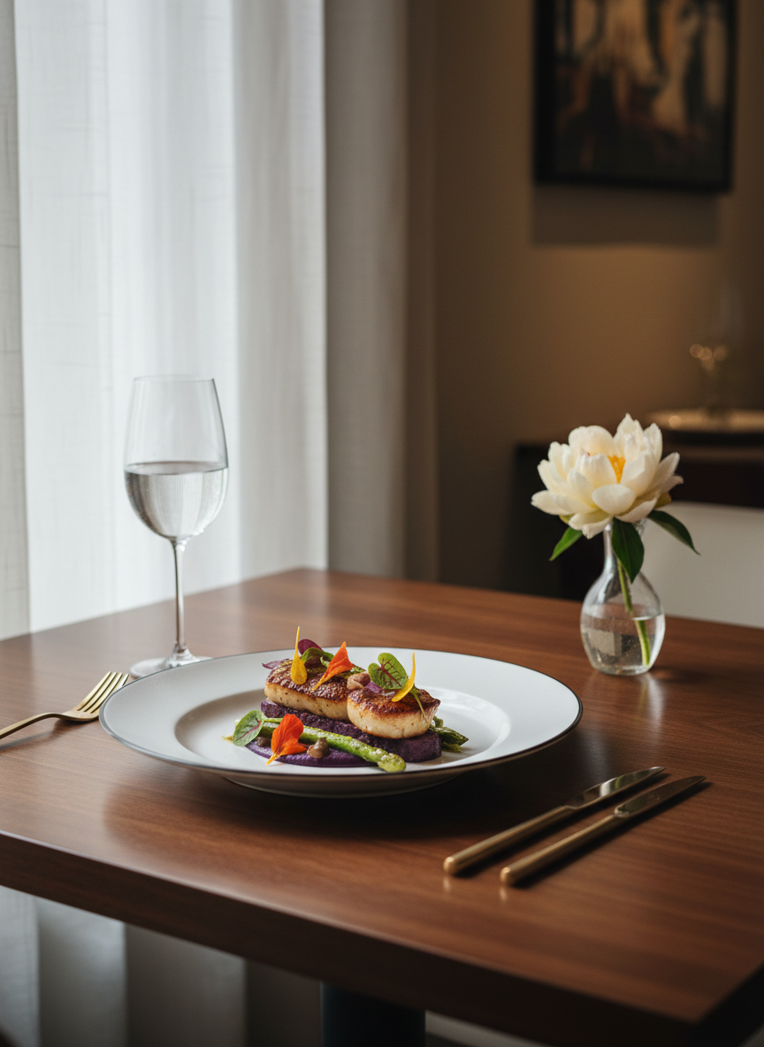 An impeccably set table in a boutique restaurant, styled for an editorial PR feature, showcases a single, beautifully plated seasonal dish in the center on a matte white porcelain plate with a thin charcoal rim. The dish features layered textures and rich yet natural colors, framed by minimalist brushed-gold cutlery, a slender crystal water glass, and a small bud vase holding one pale flower. The table is a smooth, dark-stained wood positioned beside a tall window dressed with sheer curtains. Soft, diffused daylight washes across the scene from the left, creating gentle highlights on the plate and glass while leaving the background subtly out of focus. Shot at a three-quarter angle, the composition is clean, modern, and deeply sophisticated, with photographic realism and a calm, editorial mood.