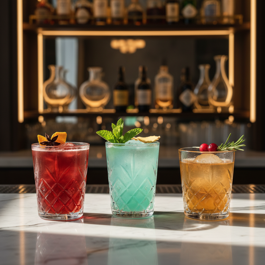 A gleaming marble-topped bar in a boutique hotel lounge, styled for a PR photoshoot, holds an artfully arranged trio of signature cocktails in crystal glassware, each with distinct garnishes and vibrant yet refined colors. Behind them, a blurred backdrop of illuminated backlit shelving displays curated bottles and sculptural glass decanters. Warm, golden hour light filters through an unseen window, mixing with soft amber pendant lighting to create delicate reflections across the marble and fine glass edges. Captured at eye level with a shallow depth of field, the foreground cocktails are in crisp focus while the background melts into elegant bokeh. The mood is luxurious, intimate, and editorial, embodying photographic realism and a sophisticated hospitality atmosphere.