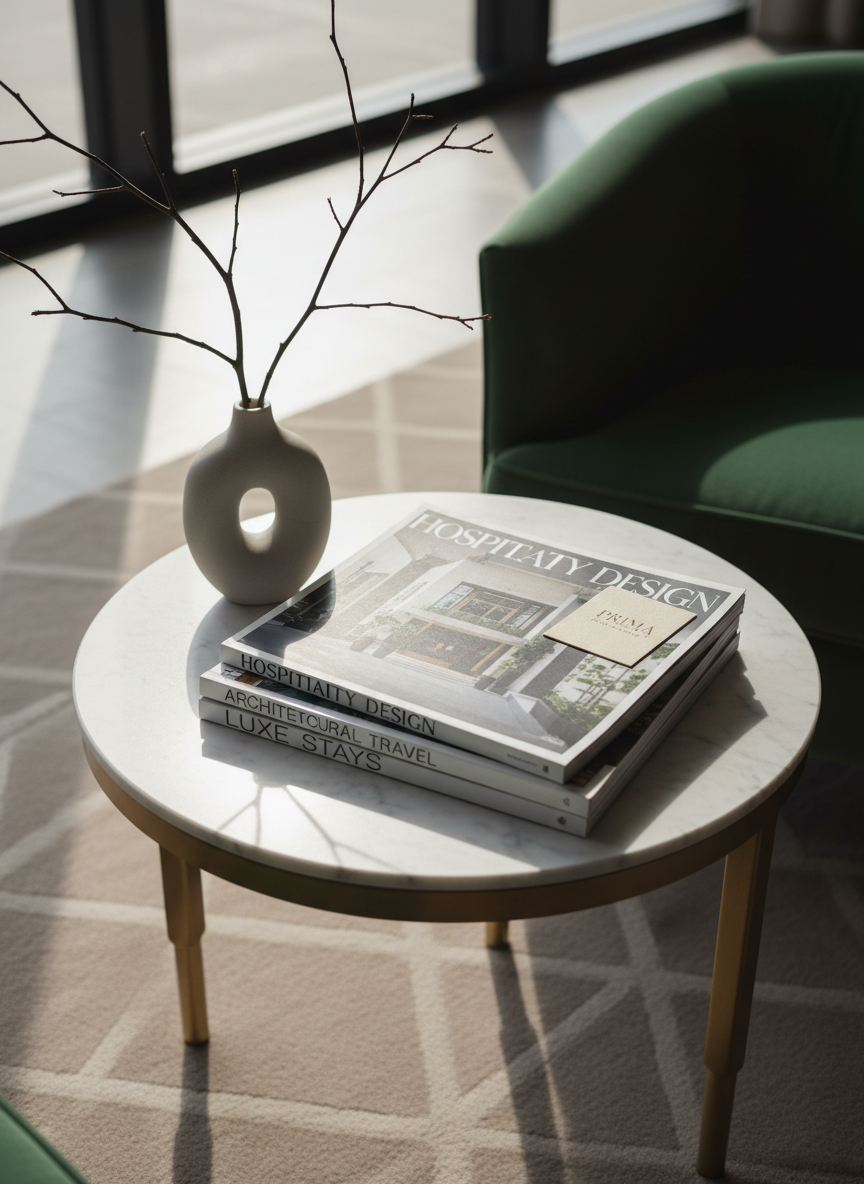 A chic boutique hotel lobby vignette styled like an editorial photoshoot: a low marble-topped side table holds a carefully stacked trio of design magazines featuring hospitality covers, with a subtle, embossed PR agency business card resting atop the uppermost magazine. Beside the stack sits a sculptural ceramic vase in matte dove gray, with a simple, architectural branch arrangement. The table stands on a plush, pale taupe rug, with part of a velvet armchair armrest entering the frame from the right. Soft, indirect morning light pours in from floor-to-ceiling windows off frame, creating gentle gradients of light and shadow. Captured from a slightly elevated angle with a medium depth of field, the image feels calm, polished, and editorial, emphasizing photographic realism and refined, understated luxury.