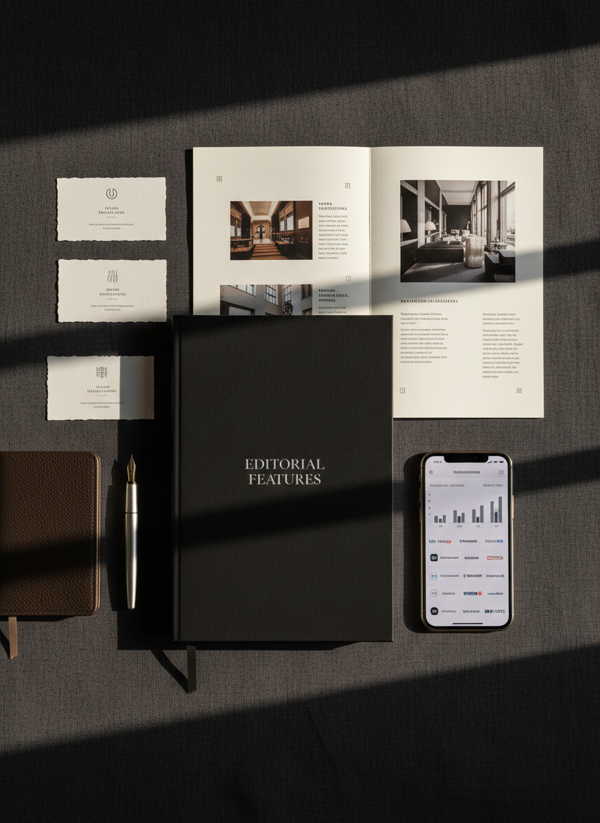 A meticulously styled flat lay of luxury hospitality media materials displayed on a dark charcoal linen surface. In the center, a thick, soft-touch black PR dossier embossed with subtle silver foil reading “Editorial Features” lies partly open to reveal elegant page layouts about boutique hotels and chef-driven restaurants. Surrounding it are premium letterpress place cards, a small leather-bound notebook, a fountain pen, and a smartphone showing a polished press coverage dashboard. Gentle late-afternoon window light from the right creates refined highlights on metallic details and soft shadows at the edges, emphasizing texture. Shot from a bird’s-eye view with sharp focus across the frame, the mood is sophisticated and strategic, with photographic realism and a clean, modern aesthetic perfect for a high-end hospitality PR brand.