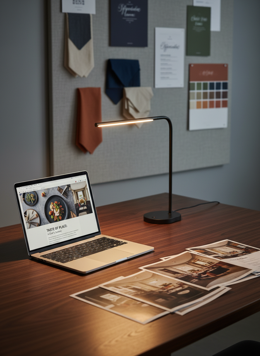 A refined workspace dedicated to hospitality editorial planning: a dark walnut desk with a subtle satin finish holds an open laptop displaying a layout of a culinary magazine feature, surrounded by neatly arranged printed mockups of hotel and restaurant spreads. A slim, black metal desk lamp with a warm LED bulb casts a focused pool of light across the center, creating dramatic yet controlled contrast against the softly lit room beyond. A textured linen mood board with pinned fabric swatches, menu typography samples, and color palettes leans against the wall in the background, slightly blurred. Shot from a three-quarter angle at eye level, the composition uses rule of thirds to highlight the laptop and printed pages. The atmosphere is deliberate, strategic, and sophisticated, with photographic realism and a clean, modern editorial aesthetic.
