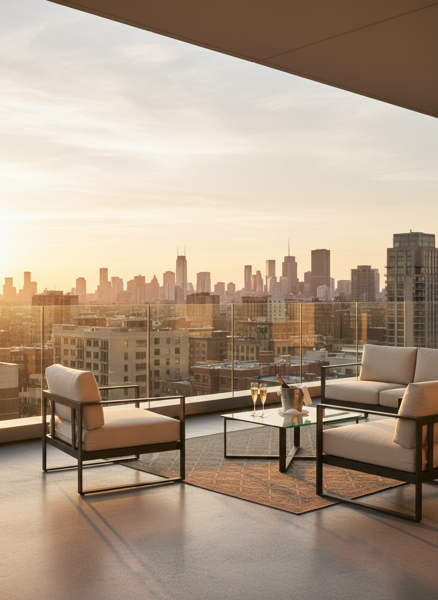 Golden-hour rooftop terrace with city skyline, warm golden light, sleek modern furniture, champagne glasses, elevated luxury urban lifestyle editorial photography