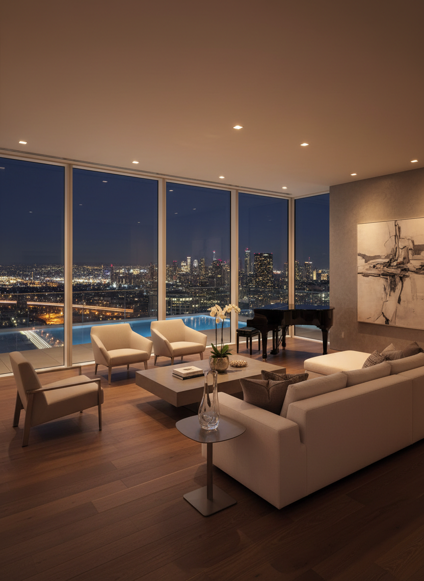 Luxury penthouse interior at night with floor-to-ceiling windows showing city skyline lights, modern minimalist design, ambient evening lighting, high-end lifestyle editorial photography