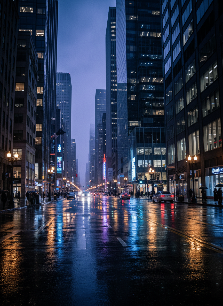 Sleek financial district street at night, wet pavement with neon reflections, modern glass buildings, cinematic urban photography, high contrast editorial style